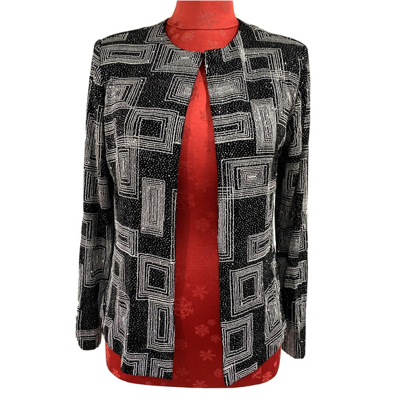 Xscape Cocktail Jacket cropped crew black stretch silver metallic details size S - Picture 1 of 9